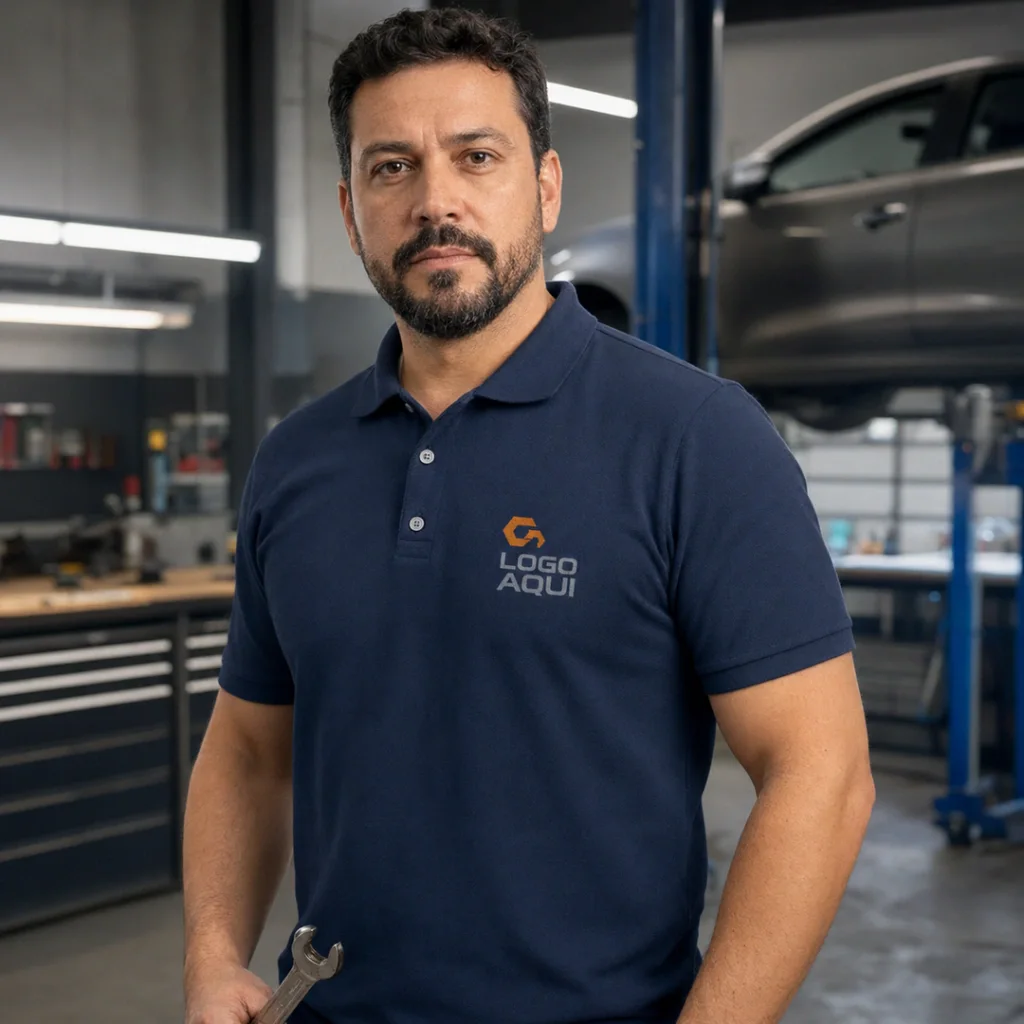 Mecânico com camisa polo azul marinho com logo no peito
