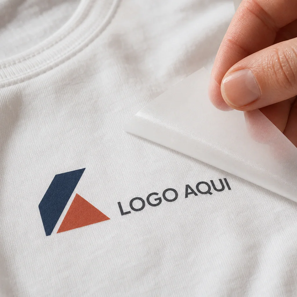 Mão retirando o filme transparente da etiqueta aplicada em camiseta branca