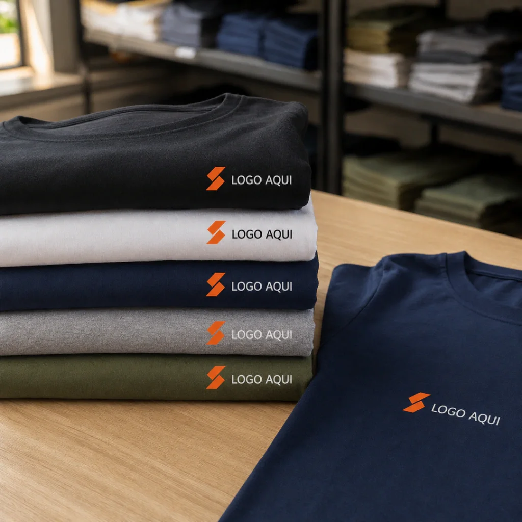 Pilha de uniformes dobrados já identificados com a logo