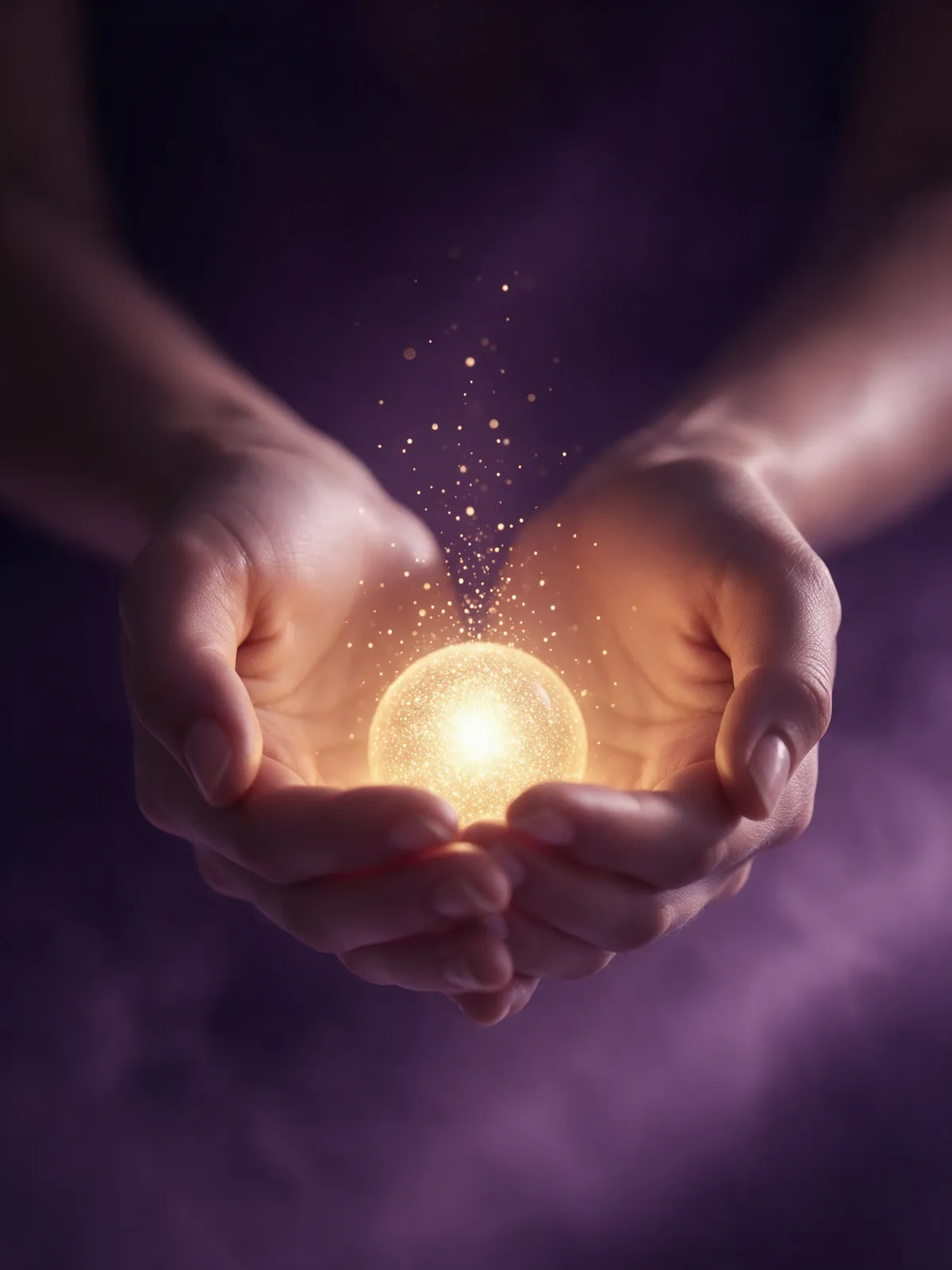 Mãos em concha segurando uma esfera de luz dourada