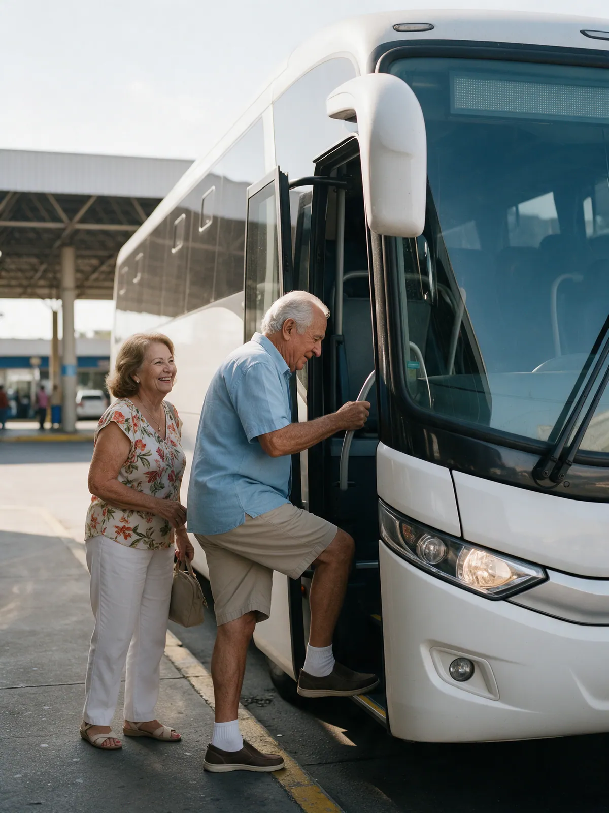 Casal da melhor idade embarcando em um ônibus rodoviário na rodoviária