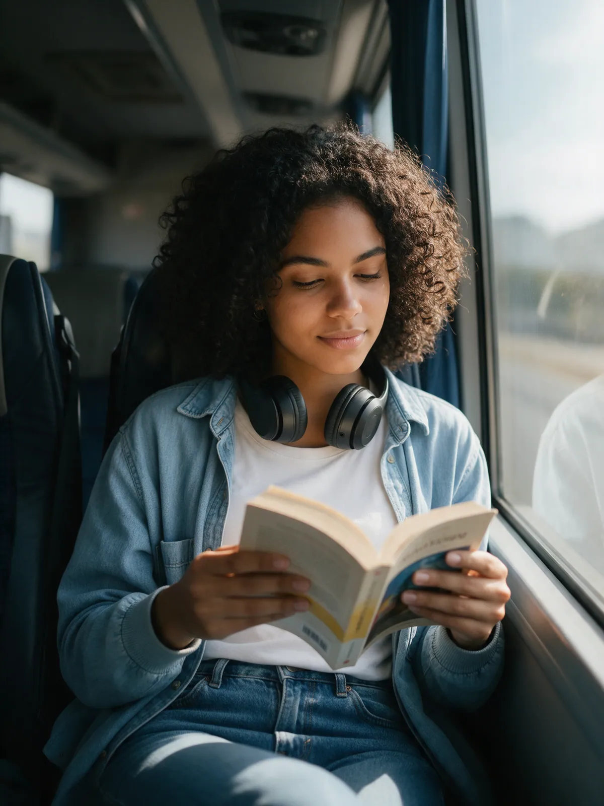 Estudante lendo um livro na poltrona da janela durante a viagem de ônibus