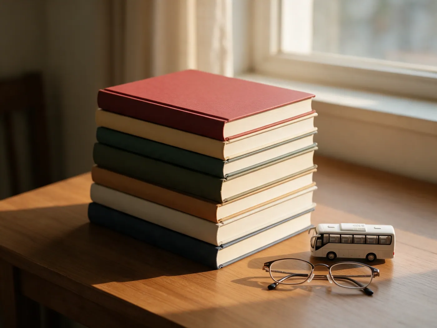 Pilha de livros sobre a mesa ao lado de uma miniatura de ônibus e de um par de óculos
