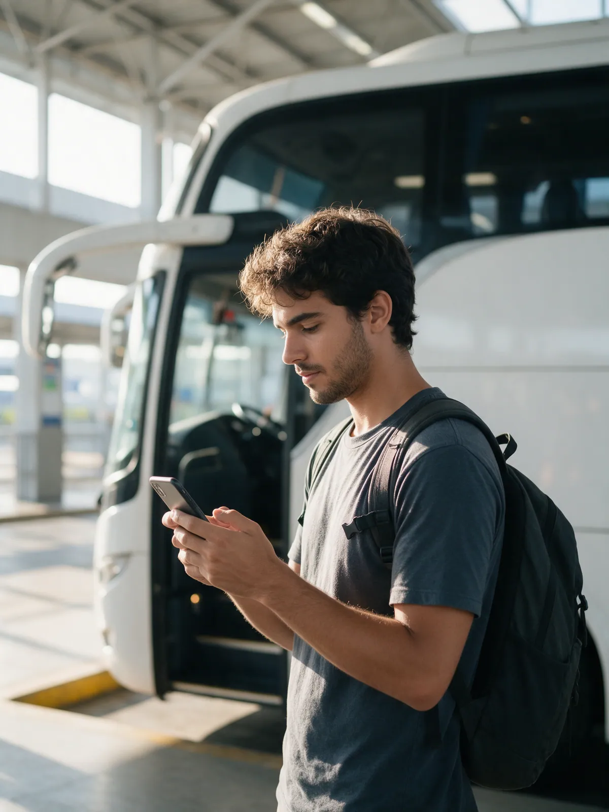 Jovem com mochila confere o celular na plataforma da rodoviária, com o ônibus de dois andares de porta aberta atrás