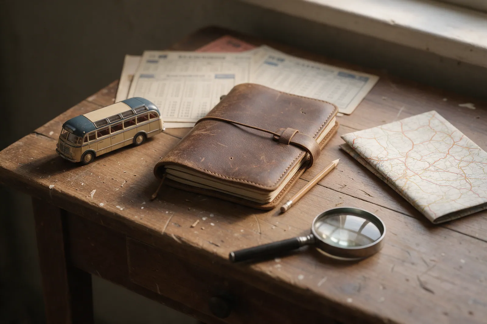 Mesa com tabelas de horários de ônibus, caderno de viagem, mapa, lupa e miniatura de ônibus antigo