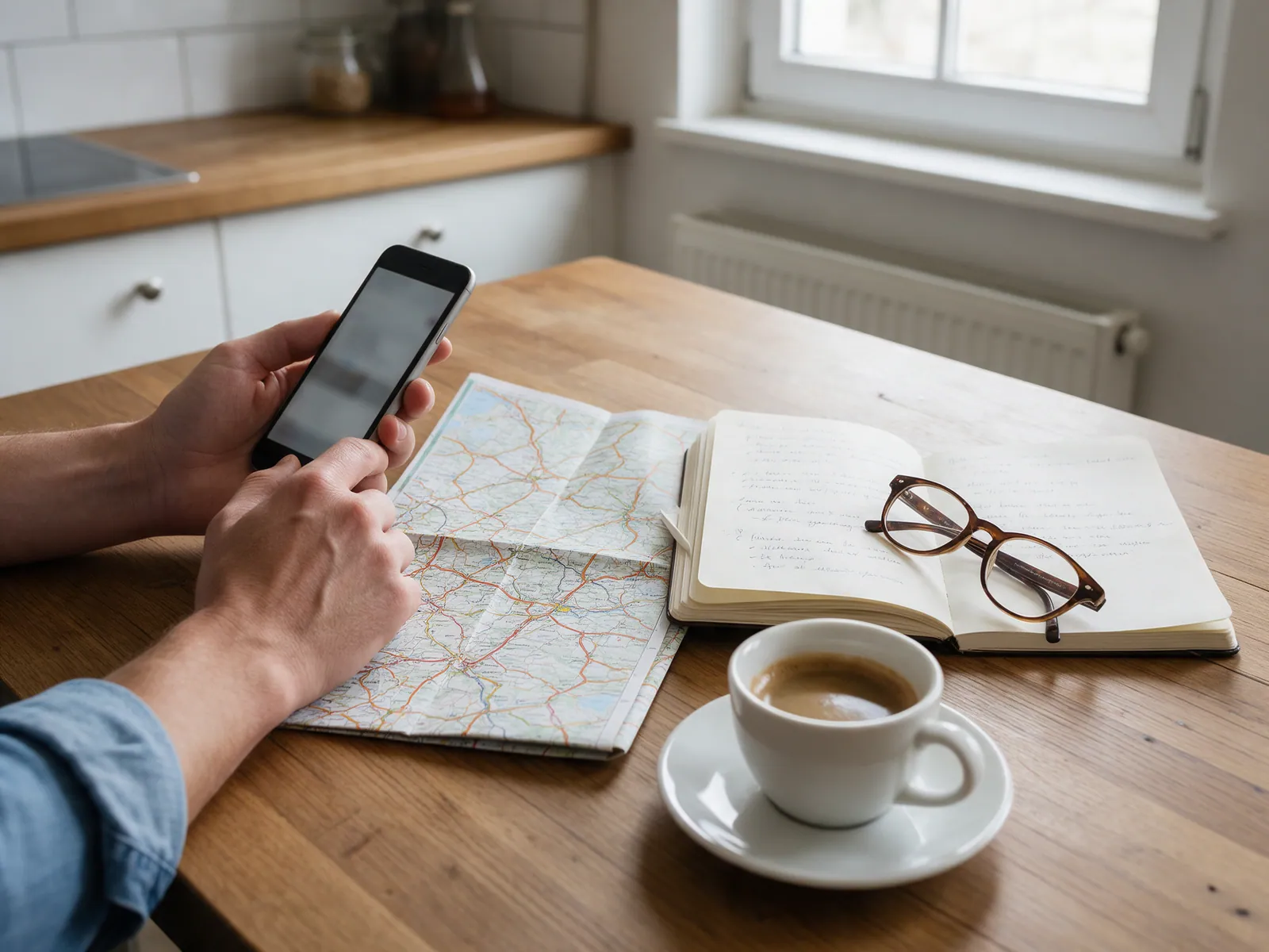 Mãos com celular sobre a mesa ao lado de um mapa rodoviário, caderno de anotações, óculos e café