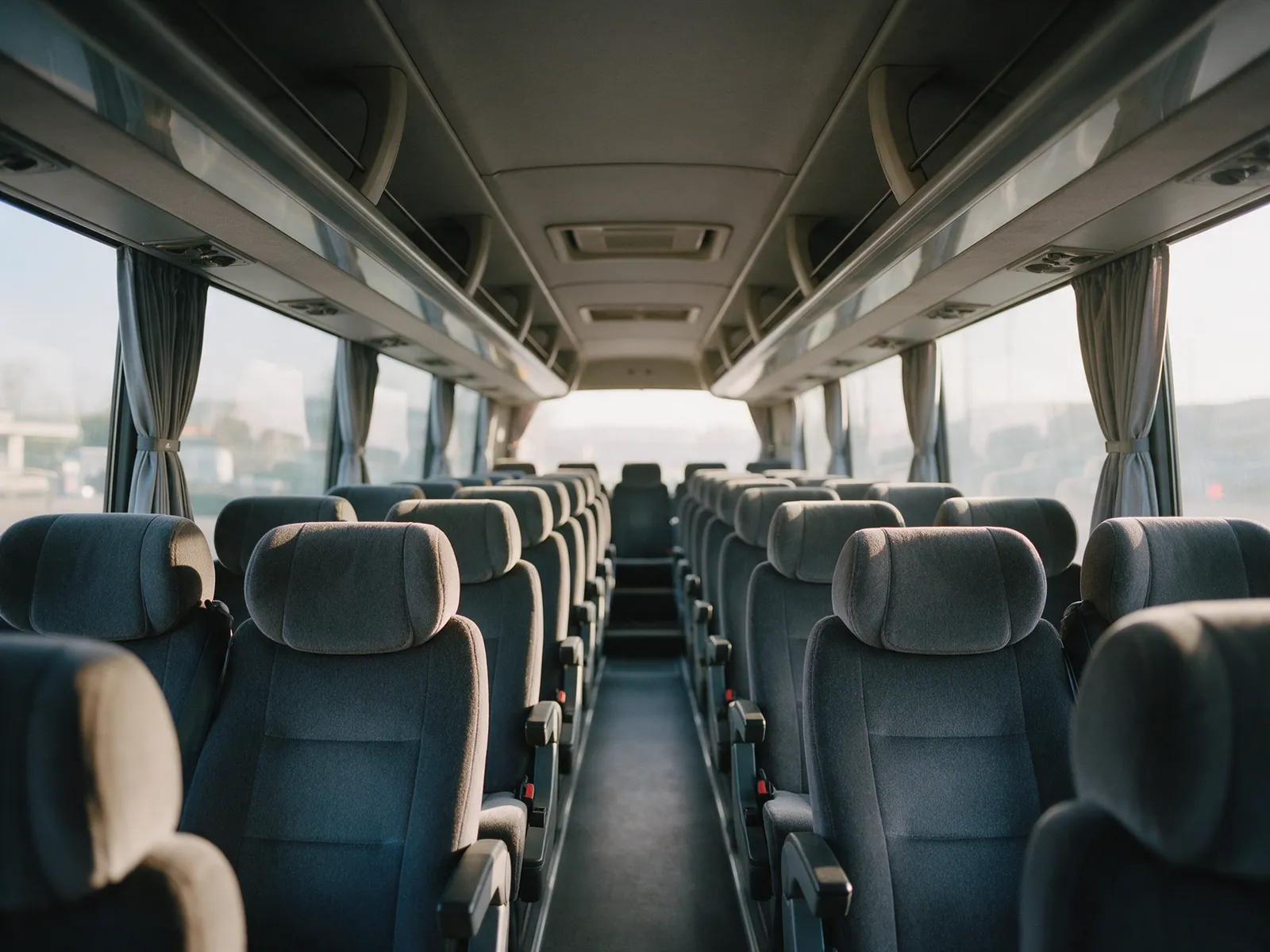 Corredor de um ônibus rodoviário com fileiras de poltronas reclináveis e cortinas nas janelas