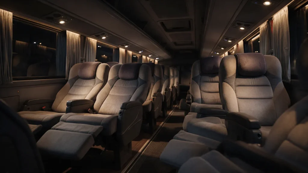 Poltronas leito reclinadas com apoio para as pernas e luzes de leitura em um ônibus à noite