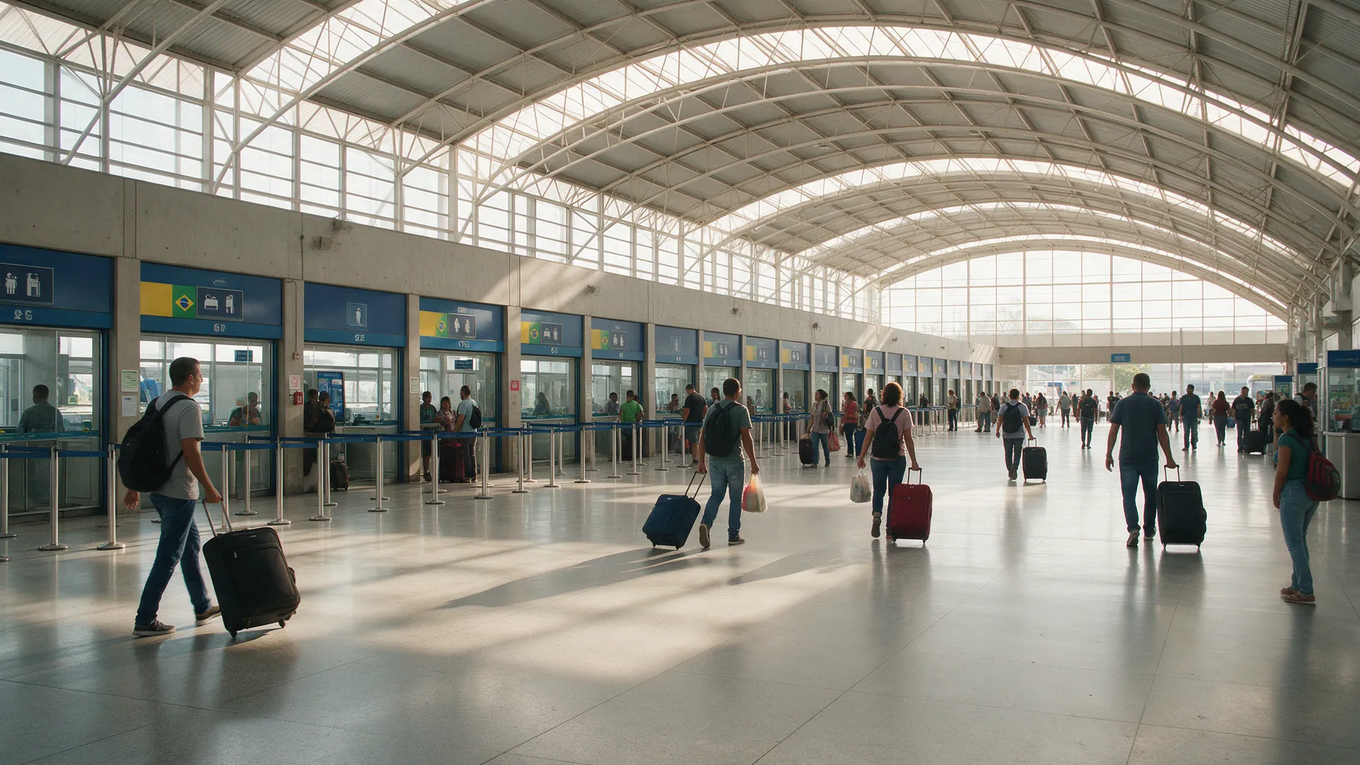 Saguão amplo de rodoviária com passageiros levando malas até os guichês e plataformas