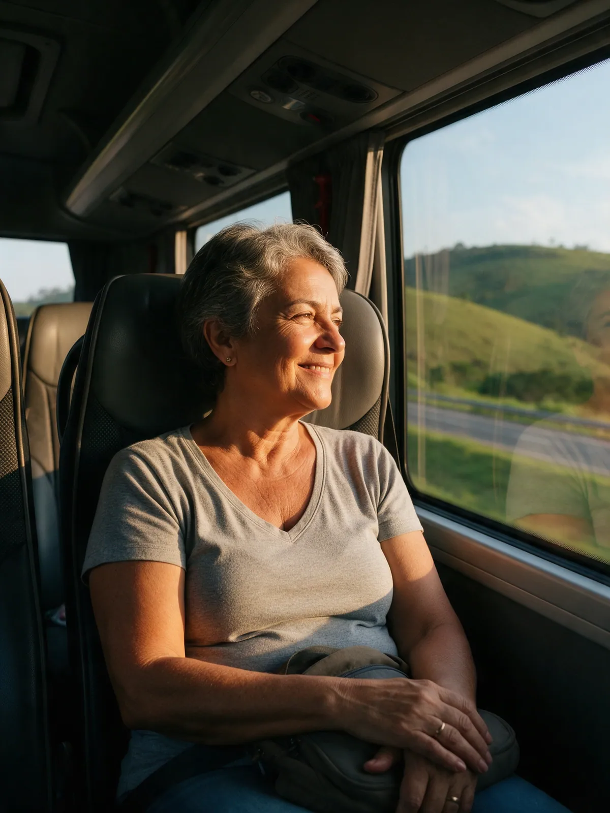 Passageira sorrindo na poltrona da janela de um ônibus rodoviário, com a estrada e morros verdes ao entardecer