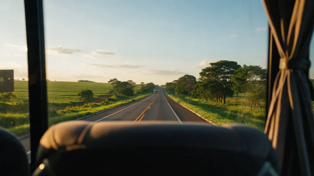Vista da poltrona da janela do ônibus para a rodovia entre campos verdes ao entardecer