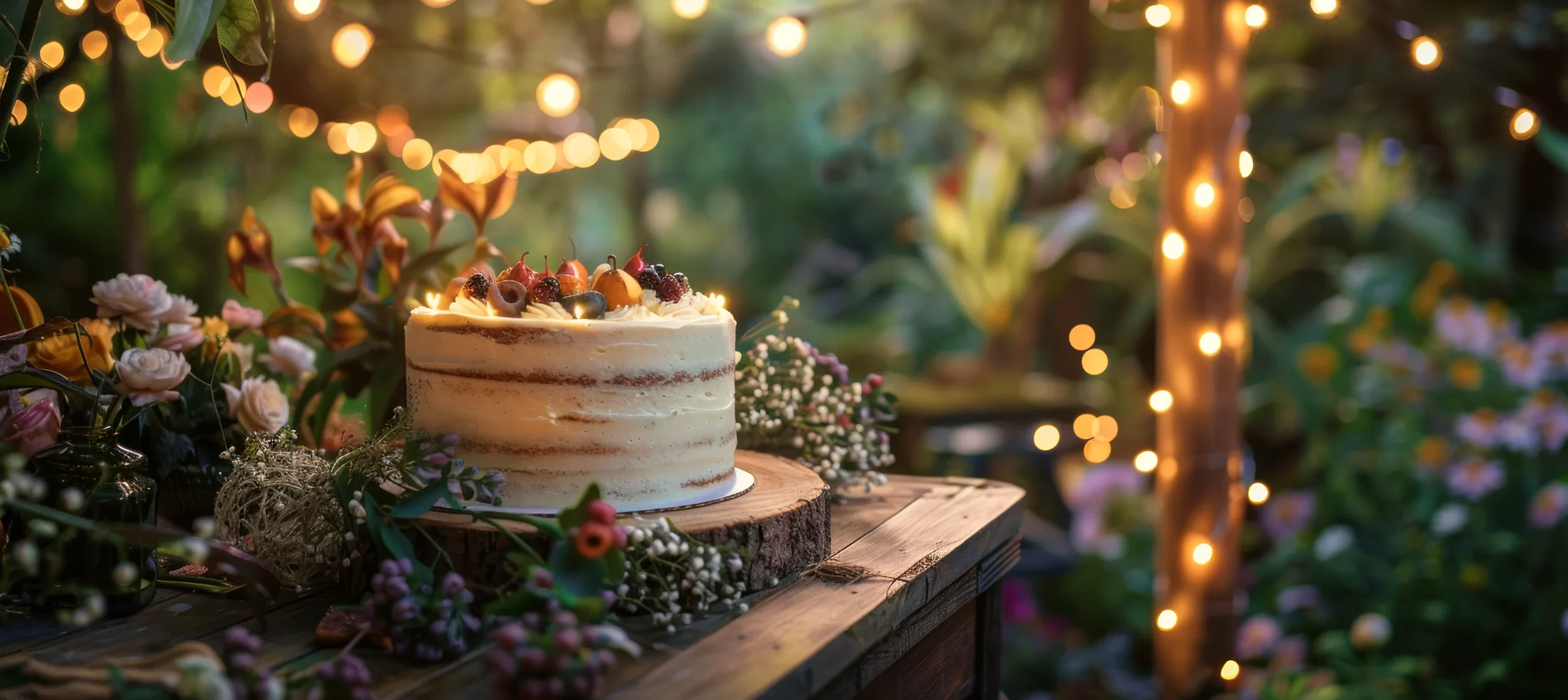 Bolo de aniversário em mesa rústica no jardim com luzes