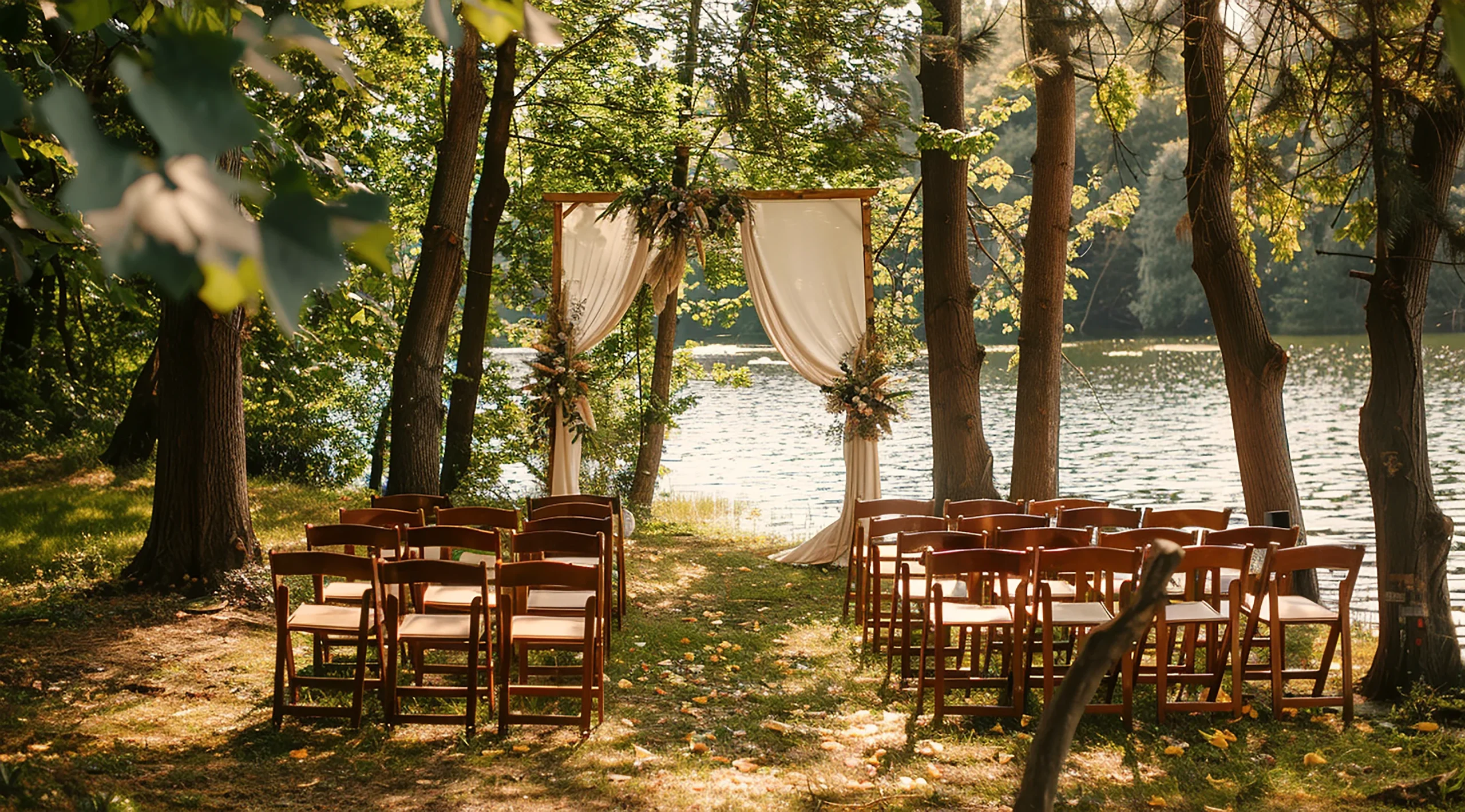 Cerimônia de casamento ao ar livre com arco de tecido e flores à beira do lago
